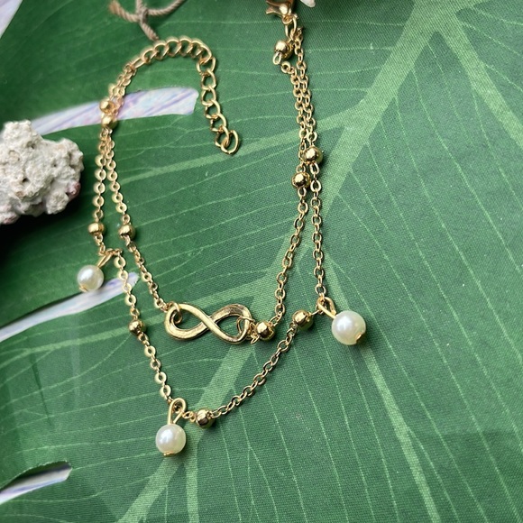 Infinity Pearl Layered Chain 14k Gold Tone Anklet Beach Chic - Picture 4 of 11